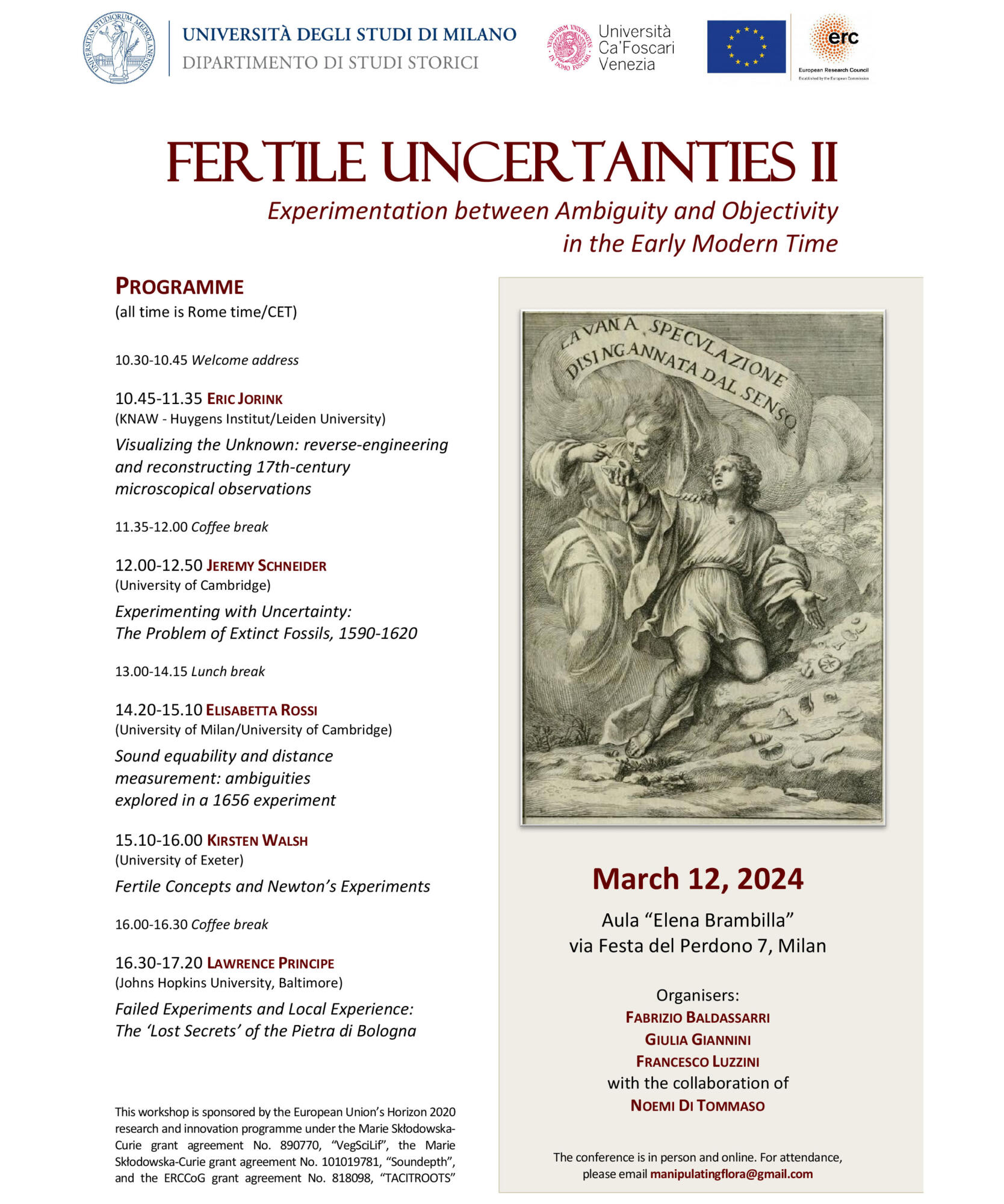 Flyer Fertile Uncertainies, 12 march 2024, depicting a list of attendees and conference topics