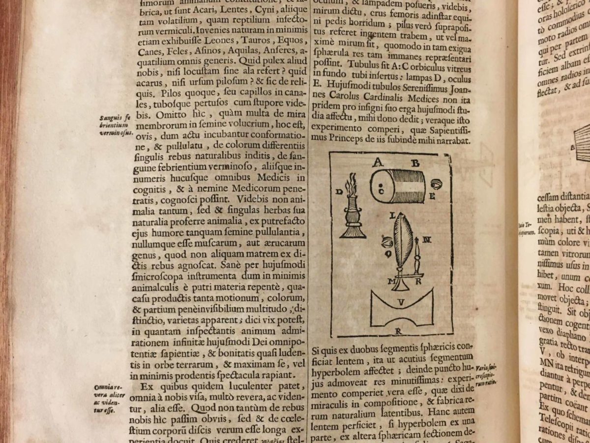 Athanasius Kircher, Woodcut of a simple microscope in Ars magna lucis et umbræ, 1671